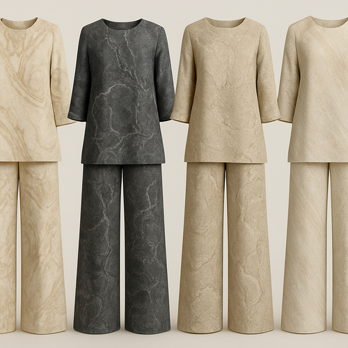 Create a modest luxury two piece linen set big pants and thigh length top, the first of its kind, featuring a unique stone design that exudes a classy and sophisticated vibe. I'd like four designs, each showcasing different styles and fabrics. Incorporate high-end, unique chic stone designs to make them truly special. In plain colors