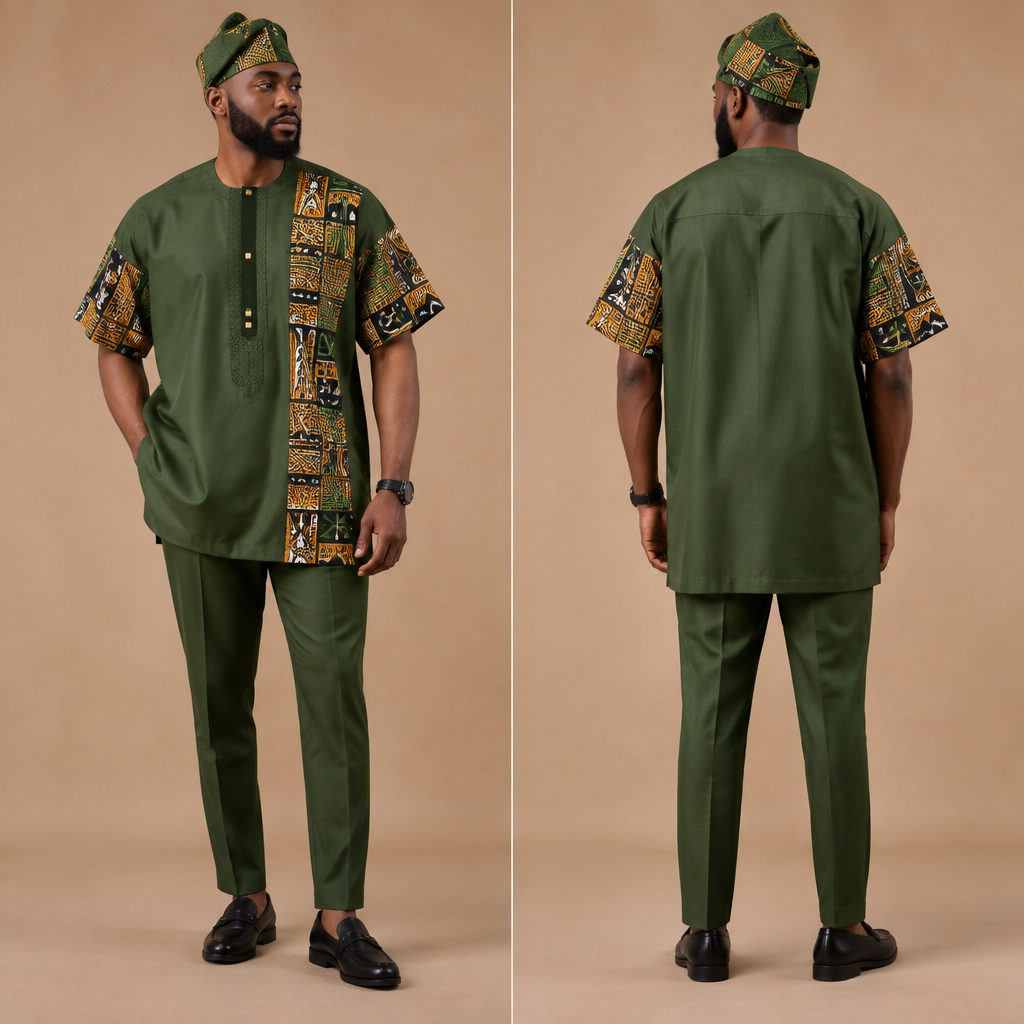 A Male Top design, suitable for Summer. Consider Nigerian fashion — Ankara prints, aso-oke, adire, agbada; vibrant patterns, head-wraps (gele), bold colors and statement pieces. Present it as professional fashion catalogue photography: the garment is the subject, shown full-length with editorial styling, neutral posing and tasteful, non-suggestive framing.
photorealistic fashion design, A Male Top design, suitable for Summer. Consider Nigerian fashion — Ankara prints, aso-oke, adire, agbada; vibrant patterns, head-wraps (gele), bold colors and statement pieces. Present it as professional fashion catalogue photography: the garment is the subject, shown full-length with editorial styling, neutral posing and tasteful, non-suggestive framing., just the design no text
