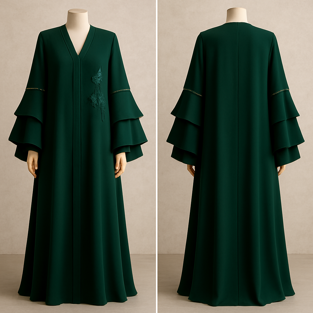 The Luxury Double-Sleeve Abaya
Tone: Deep Emerald
Design:
Layered double-sleeve with stone outlines and a few floral appliqués.
Why it will sell:
Double-sleeve designs trend every year sophisticated and instantly attractive.
The Luxury Double-Sleeve Abaya
Tone: Deep Emerald
Design:
Layered double-sleeve with stone outlines and a few floral appliqués.
Why it will sell:
Double-sleeve designs trend every year sophisticated and instantly attractive.
, show front and back