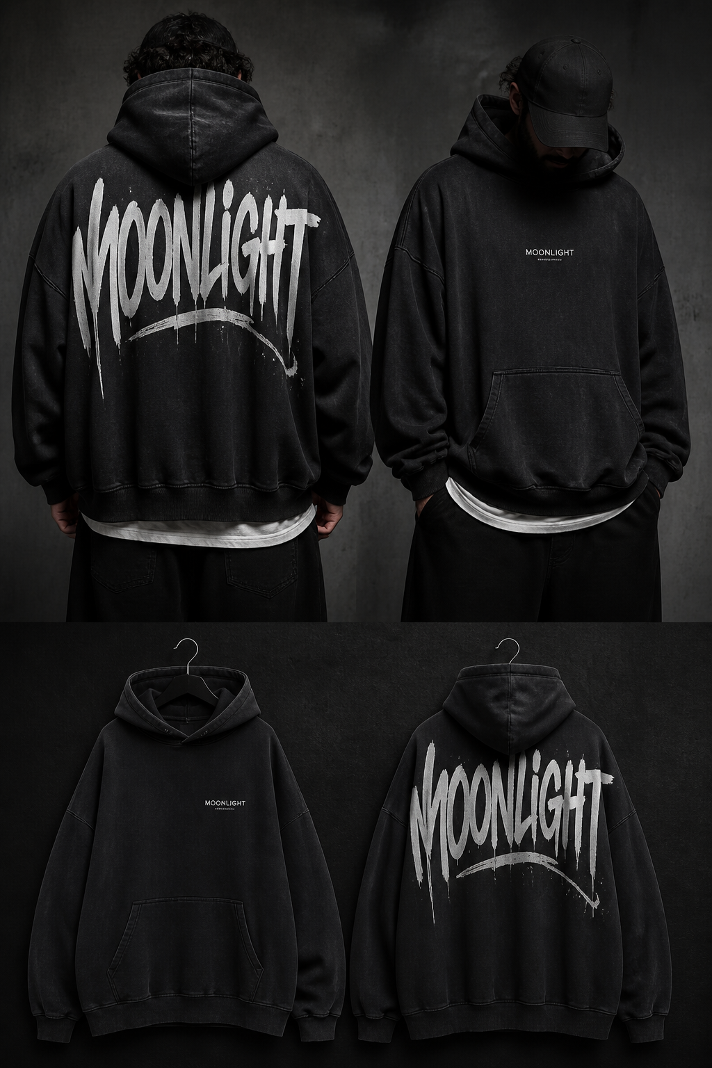 Create a premium oversized black streetwear hoodie design for a clothing brand called **MOONLIGHT**. The main feature should be a large, original **graffiti-style MOONLIGHT lettering** on the back, with raw hand-painted urban typography, slightly imperfect strokes and an underground street-art feeling. Make the lettering bold, stylish and mature, not childish.
Use a **black, white and dark grey** color palette with subtle distressed/washed details. Add a **small, minimal MOONLIGHT logo** on the front chest. Keep the overall design clean, premium and fashion-forward.
The design should feel like a real high-end underground streetwear brand — edgy, urban and authentic. **No lightning bolts, no flames, no skulls, no cartoon graphics, no gaming aesthetic, no excessive symbols, no cheesy effects, no neon colors.** Focus primarily on the typography and clothing design.
Oversized fit, heavyweight hoodie, realistic fashion product presentation, professional streetwear brand aesthetic.
Create a premium oversized black streetwear hoodie design for a clothing brand called **MOONLIGHT**. The main feature should be a large, original **graffiti-style MOONLIGHT lettering** on the back, with raw hand-painted urban typography, slightly imperfect strokes and an underground street-art feeling. Make the lettering bold, stylish and mature, not childish.
Use a **black, white and dark grey** color palette with subtle distressed/washed details. Add a **small, minimal MOONLIGHT logo** on the front chest. Keep the overall design clean, premium and fashion-forward.
The design should feel like a real high-end underground streetwear brand — edgy, urban and authentic. **No lightning bolts, no flames, no skulls, no cartoon graphics, no gaming aesthetic, no excessive symbols, no cheesy effects, no neon colors.** Focus primarily on the typography and clothing design.
Oversized fit, heavyweight hoodie, realistic fashion product presentation, professional streetwear brand aesthetic.
, streetwear style