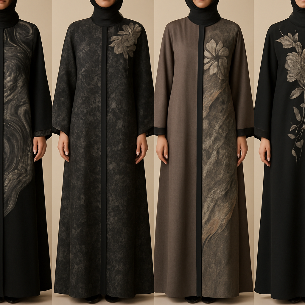 Create a modest abaya that's the first of its kind, featuring a unique stone design that exudes a classy and sophisticated vibe. I'd like four designs, each showcasing different styles and fabrics.Incorporate high-end, unique chic stone designs to make them truly special. And add little cute touch of sophisticated stone designs. Add huge flower and unique designs.
Create a modest abaya that's the first of its kind, featuring a unique stone design that exudes a classy and sophisticated vibe. I'd like four designs, each showcasing different styles and fabrics.Incorporate high-end, unique chic stone designs to make them truly special. And add little cute touch of sophisticated stone designs. Add huge flower and unique designs.