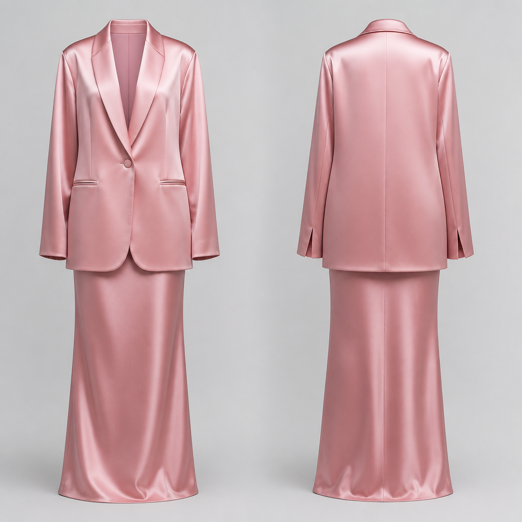 luxurious satin co-ord set. Blazer oversized fluid with one button,, elegant relaxed silhouette, minimal seams. Matching satin skirt with a soft straight fit and full length. Fabric: premium silk satin with a subtle sheen. Color: pink rose des bois. Clean, timeless, sophisticated, couture-inspired, inspired by Middle Eastern luxury fashion also preppy and feminine
photorealistic fashion design, luxurious satin co-ord set. Blazer oversized fluid with one button,, elegant relaxed silhouette, minimal seams. Matching satin skirt with a soft straight fit and full length. Fabric: premium silk satin with a subtle sheen. Color: pink rose des bois. Clean, timeless, sophisticated, couture-inspired, inspired by Middle Eastern luxury fashion also preppy and feminine, preppy_chic style, just the design no text, show front and back