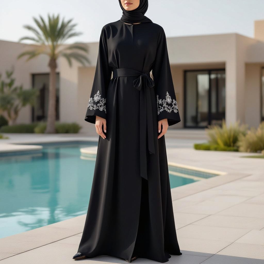 Elegant A-Line Abaya Design • Cut: • Full-length A-Line silhouette flowing gracefully from shoulder to floor. • Wider hem for a luxurious, fluid movement while walking. • Fabric: • Double Crepe or Silk-Wool Blend — matte, refined, with enough structure to hold the shape elegantly. • Base colors: luxurious black or soft earthy beige (depending on the occasion). • Collar / Neckline: • Minimal round collar or slim feminine blazer lapel. • Sleeves: • Straight sleeves with delicate embroidery or subtle French lace at the cuffs. • Alternative option: Slightly flared sleeves with a contrasting lining that peeks through when moving. • Details: • Side embroidery in off-white or silver, starting from the shoulder and flowing gracefully down one side to mid-hem (floral motifs or fine geometric lines). • Thin satin piping at the bottom hemline in a contrasting tone for a modern touch. • Accessories: • Optional detachable belt in the same fabric for a cinched-waist illusion. • Small clutch in embroidery-matching color to complete the look. ⸻ ✨ Result: A refined A-Line abaya with feminine flow and elegant details (side embroidery + delicate sleeves), striking a perfect balance between simplicity and luxury — ideal for formal occasions and sophisticated appearances.
A refined A-line abaya in double crepe or silk-wool blend, featuring a minimal round collar and straight sleeves with delicate embroidery or French lace cuffs. A detachable belt and side embroidery from shoulder to mid-hem add elegant details.