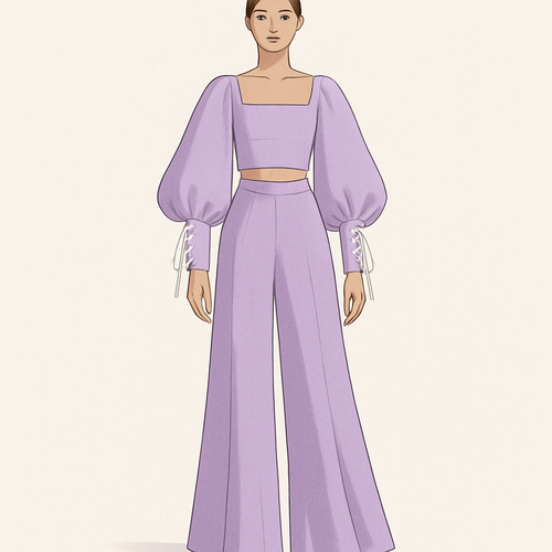 A lavender co ord set with umbrella sleeves with white laces and flowy pants.