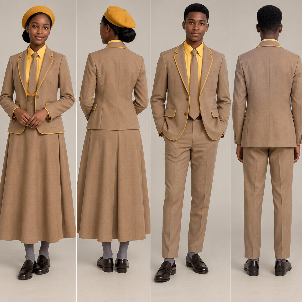 photorealistic fashion design, photorealistic fashion design, photorealistic fashion design, A Male Top design, with modest, full coverage: longer hemlines, higher necklines and covered shoulders, suitable for Spring. design a light brown blazer with yellow accents. For both male and female.
A fit and flare dress top half yellow, bottom half light brown, almost reaching ankles. A light brown tie, yellow barrett and grey socks. For the female.
A light brown relaxed trouser, reaching ankles. A yellow shirt, light brown tie and grey socks. For the male
Nice school shoes for both. Both must be wearing blazer . Present it as professional fashion catalogue photography: the garment is the subject, shown full-length with editorial styling, neutral posing and tasteful, non-suggestive framing., just the design no text, show front and back. Refinement: Use black teenagers as models , just the design no text. Refinement: use golden yellow
, just the design no text. Refinement: color change for dress must start at waist
photorealistic fashion design, photorealistic fashion design, photorealistic fashion design, photorealistic fashion design, A Male Top design, with modest, full coverage: longer hemlines, higher necklines and covered shoulders, suitable for Spring. design a light brown blazer with yellow accents. For both male and female.
A fit and flare dress top half yellow, bottom half light brown, almost reaching ankles. A light brown tie, yellow barrett and grey socks. For the female.
A light brown relaxed trouser, reaching ankles. A yellow shirt, light brown tie and grey socks. For the male
Nice school shoes for both. Both must be wearing blazer . Present it as professional fashion catalogue photography: the garment is the subject, shown full-length with editorial styling, neutral posing and tasteful, non-suggestive framing., just the design no text, show front and back. Refinement: Use black teenagers as models , just the design no text. Refinement: use golden yellow
, just the design no text. Refinement: color change for dress must start at waist , just the design no text