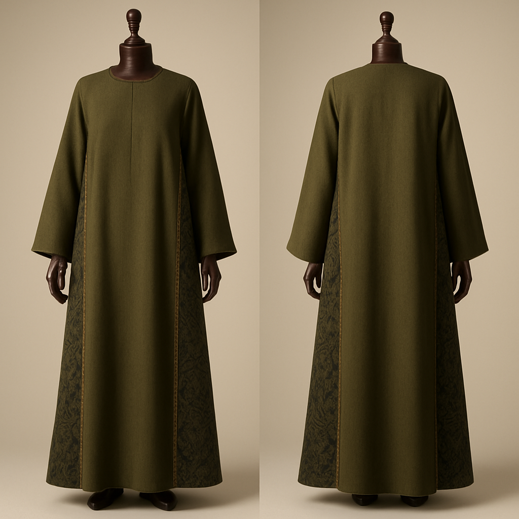(photorealistic)
"Photorealistic full-length fashion photograph of an ankle-length olive-green abaya displayed on a luxurious dark polished wooden mannequin. The abaya features long side slits from underarm to ankle with an external Kashmiri patterned panel attached to the outer edge of each slit; the Kashmiri panel is jacquard/textured paisley in complementary deep-olive and black tones. A narrow Najdi geometric embroidery (0.6–1 cm wide) in matte antique-gold thread runs along the outer edge of each panel, with small repeating motifs spaced every 10–15 cm — embroidery visible down to the ankle. Silhouette: straight A-line, soft drape, lightweight wool-blend, lightly lined. Styling: clean neutral studio background, soft directional warm light, full-length view showing panels to the ankle, high-detail texture and fabric realism. Camera: 35mm perspective, shallow depth of field (f/4), high-resolution output (4k)."
"Olive-green ankle abaya with long side slits from underarm to ankle revealing external Kashmiri jacquard panels; narrow Najdi geometric embroidery in matte gold along panel edges; displayed on a luxurious dark wooden mannequin; photorealistic, studio lighting, full-length, high detail."
tech pack /
"Olive (deep olive) straight ankle-length abaya. Side slits from underarm to ankle with external Kashmiri panel sewn on outer edge. Panel width: 18–25 cm at underarm, tapering slightly to ankle. Najdi embroidery: 0.6–1 cm band along outer panel edge, motifs every 10–15 cm. Fabric: lightweight wool-blend or crepe for body; Kashmiri jacquard panel. Lining: lightweight viscose. Finish: matte antique-gold thread, reinforced hem at ankle, hidden top hook above slit."
(photorealistic)
"Photorealistic full-length fashion photograph of an ankle-length olive-green abaya displayed on a luxurious dark polished wooden mannequin. The abaya features long side slits from underarm to ankle with an external Kashmiri patterned panel attached to the outer edge of each slit; the Kashmiri panel is jacquard/textured paisley in complementary deep-olive and black tones. A narrow Najdi geometric embroidery (0.6–1 cm wide) in matte antique-gold thread runs along the outer edge of each panel, with small repeating motifs spaced every 10–15 cm — embroidery visible down to the ankle. Silhouette: straight A-line, soft drape, lightweight wool-blend, lightly lined. Styling: clean neutral studio background, soft directional warm light, full-length view showing panels to the ankle, high-detail texture and fabric realism. Camera: 35mm perspective, shallow depth of field (f/4), high-resolution output (4k)."
"Olive-green ankle abaya with long side slits from underarm to ankle revealing external Kashmiri jacquard panels; narrow Najdi geometric embroidery in matte gold along panel edges; displayed on a luxurious dark wooden mannequin; photorealistic, studio lighting, full-length, high detail."
tech pack /
"Olive (deep olive) straight ankle-length abaya. Side slits from underarm to ankle with external Kashmiri panel sewn on outer edge. Panel width: 18–25 cm at underarm, tapering slightly to ankle. Najdi embroidery: 0.6–1 cm band along outer panel edge, motifs every 10–15 cm. Fabric: lightweight wool-blend or crepe for body; Kashmiri jacquard panel. Lining: lightweight viscose. Finish: matte antique-gold thread, reinforced hem at ankle, hidden top hook above slit."
, show front and back