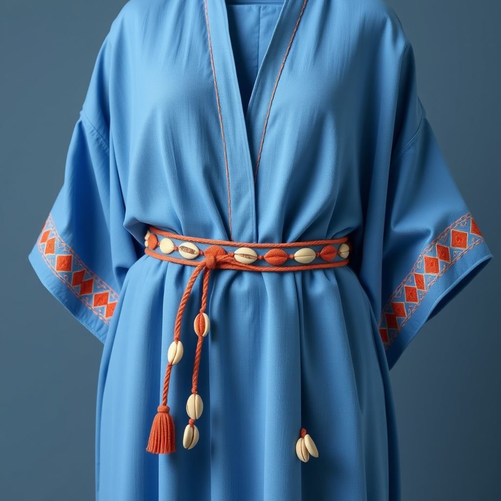 Caftan marocain bleu avec ceinture mdema brodé avec motifs corail en orange et perlé avec des cauris
Create a minimalist Moroccan caftan in a serene blue hue, showcasing clean lines and an elegant silhouette. The design features a simple yet striking mdema belt, subtly embroidered with coral-orange motifs. Adorned with delicate cowrie shells, this piece embodies understated sophistication, focusing on form and texture in a serene aesthetic.
