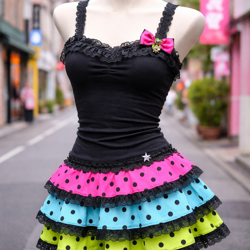 pretty black form fitting cotton tank top with lace ruffle layers at the bottom. a hot pink with black polka dots layer, an aqua with black polka dots layer and a bright green with black polka dots layer. a little edgy. put a little pink and green bow on the tank top strap.
Japanese Street fashion design: Black cotton tank, form-fitting with lace ruffles. Layers of pink, aqua, and bright green cotton, all with black polka dots. A small pink and green bow accents a strap. Edgy and playful, Tokyo street style.