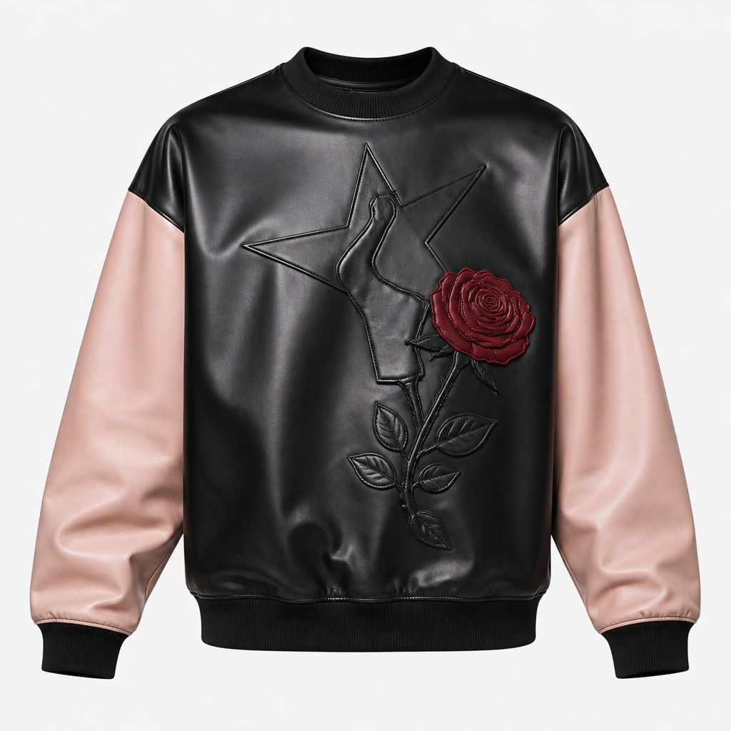 Leder Pullover in schwarz mit hellrosa/Hautfarbe ärmel und mit Bankstarsky beschiftung und eine rote Rose
photorealistic fashion design, Leder Pullover in schwarz mit hellrosa/Hautfarbe ärmel und mit Bankstarsky beschiftung und eine rote Rose
, just the design no text