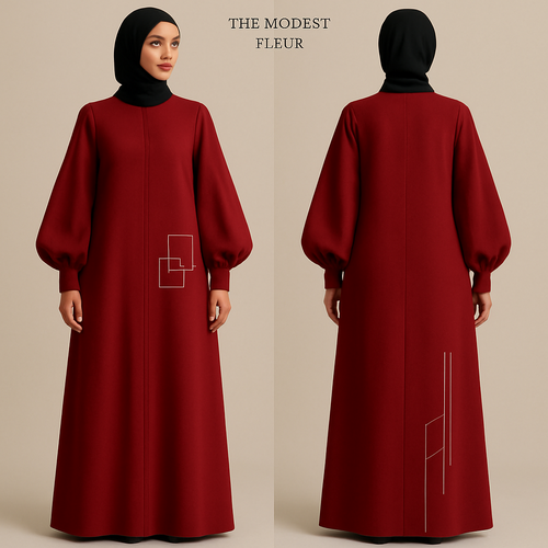 modern, abaya dress in a bold color. Features statement sleeves and minimalist, geometric embroidery. Stylish, modest, and perfect for everyday wear. And that is not out there yet. Making the designs high end that will stand out for my clothing brand “The Modest Fleur”