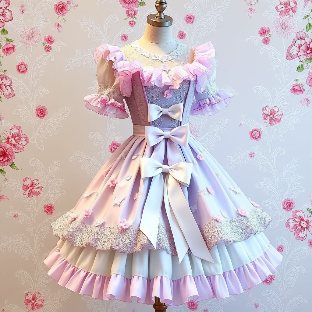 Ellie saab couture
Design a whimsical Lolita ensemble inspired by Elie Saab's couture, featuring a delicate lace overlay and opulent satin ruffles. Incorporate pastel hues of lavender and mint, adorned with intricate floral embroidery. Add a voluminous, knee-length skirt with a fitted bodice and an elegant bow, finished with parasol accessories for a charming look.