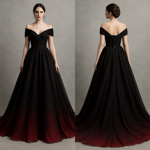 Black glittery wedding dress with long train. Made from chiffon, with cross body sleeves off the shoulders, corset back, with bottom fading into red.