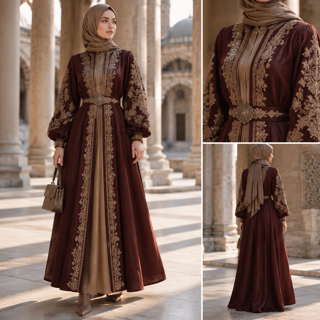 A Female Dress design, suitable for Fall. Consider Turkish fashion — Ottoman-inspired, modest fashion hub, rich textiles, East-meets-West aesthetics. Current season is Autumn in Turkey. Present it as professional fashion catalogue photography: the garment is the subject, shown full-length with editorial styling, neutral posing and tasteful, non-suggestive framing.
photorealistic fashion design, A Female Dress design, suitable for Fall. Consider Turkish fashion — Ottoman-inspired, modest fashion hub, rich textiles, East-meets-West aesthetics. Current season is Autumn in Turkey. Present it as professional fashion catalogue photography: the garment is the subject, shown full-length with editorial styling, neutral posing and tasteful, non-suggestive framing., just the design no text