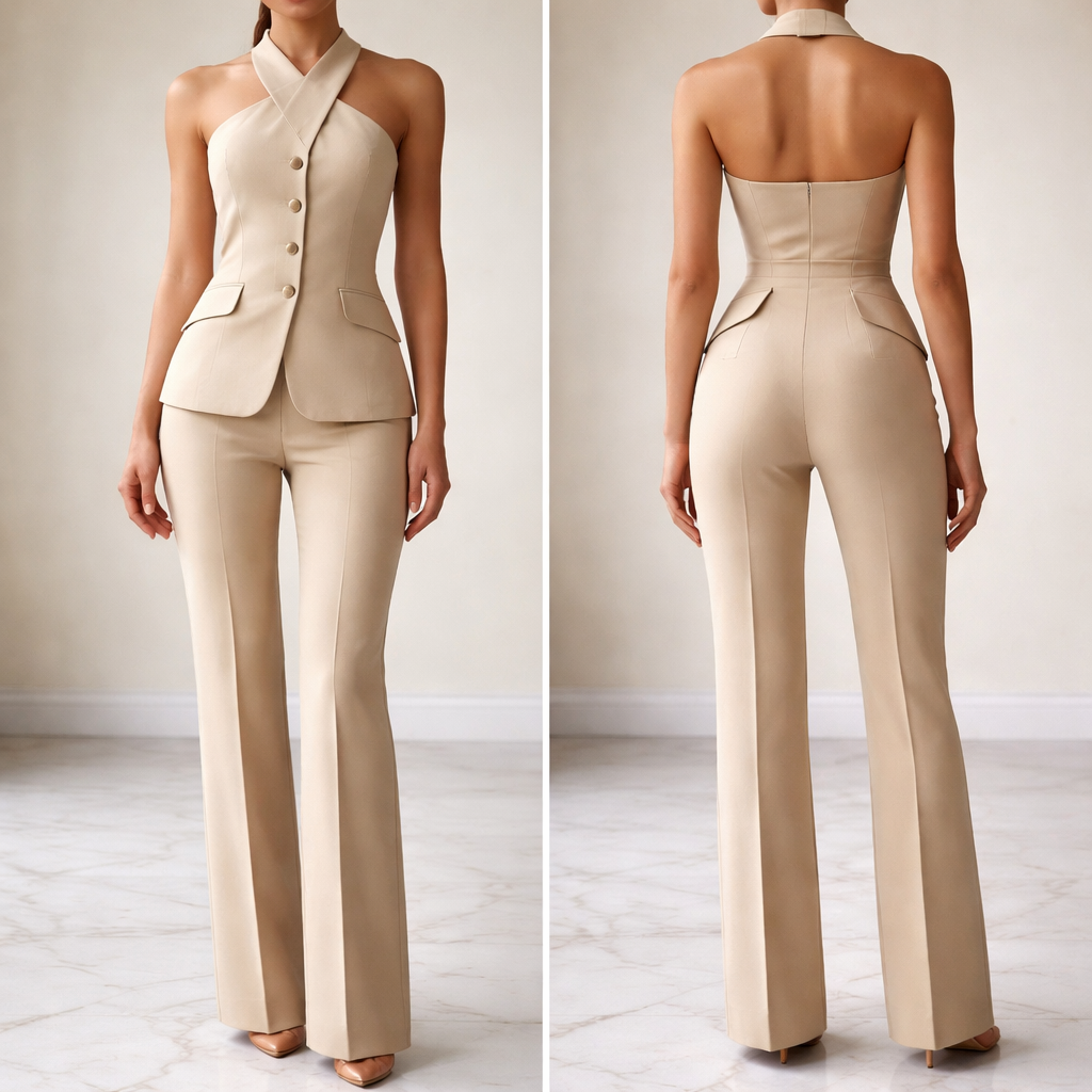 Two piece suit set. Only 3 buttons straight down in the middle on the top on a breasted halter crossed neck top Japanese halter, thick suit. All beige, symmetrical pockets only on sides/top piece, no drooping pockets. No back pockets. Extenuate small waist and curvaceous hips. No crop top. Show top to bottom
Two piece suit set. Only 3 buttons straight down in the middle on the top on a breasted halter crossed neck top Japanese halter, thick suit. All beige, symmetrical pockets only on sides/top piece, no drooping pockets. No back pockets. Extenuate small waist and curvaceous hips. No crop top. Show top to bottom , business style, show front and back