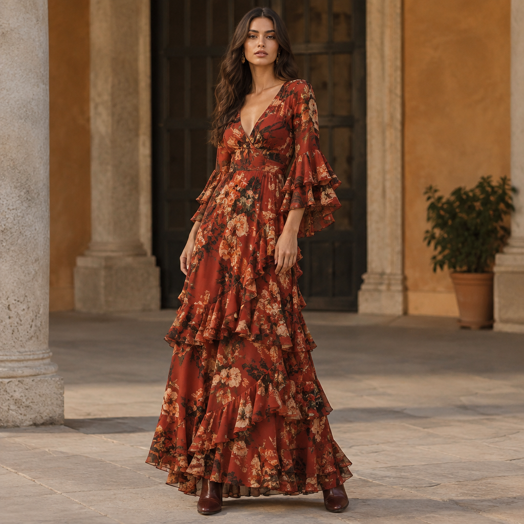 A Female Dress design, suitable for Fall. Consider Spanish fashion — flamenco-inspired drama, vibrant colors, Zara-led fast fashion, Mediterranean casual. Current season is Autumn in Spain. Present it as professional fashion catalogue photography: the garment is the subject, shown full-length with editorial styling, neutral posing and tasteful, non-suggestive framing.
photorealistic fashion design, A Female Dress design, suitable for Fall. Consider Spanish fashion — flamenco-inspired drama, vibrant colors, Zara-led fast fashion, Mediterranean casual. Current season is Autumn in Spain. Present it as professional fashion catalogue photography: the garment is the subject, shown full-length with editorial styling, neutral posing and tasteful, non-suggestive framing., just the design no text