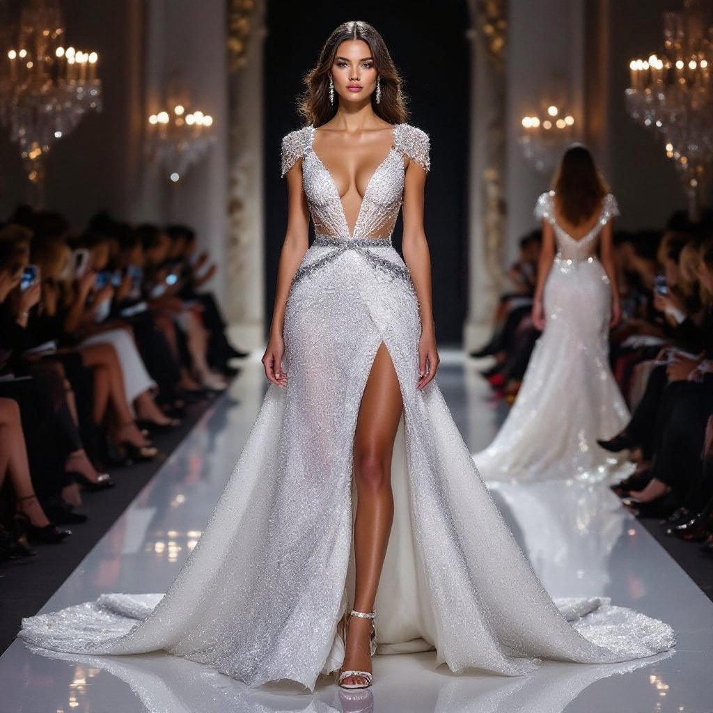 An ultra-glamorous haute couture pageant gown with a plunging neckline, daring thigh slit, and a sculpted crystal-encrusted bodice with sheer illusion cutouts. The gown is drenched in Swarovski crystals, sequins, and gemstones, sparkling like liquid diamonds under stage lights. A dramatic cascading train of layered silk tulle and chiffon flows behind, embroidered with celestial motifs and trimmed with crystal tassels. Accents of jeweled shoulders or a regal cape complete the look—majestic, sexy, and designed to dominate the Miss Universe stage.
Glamorous fashion: An ultra-glamorous gown with a plunging neckline, thigh slit, and a crystal-encrusted bodice. Drenched in crystals and sequins, it sparkles like liquid diamonds. A cascading train of silk tulle and chiffon flows behind. Accents of jeweled shoulders or a regal cape complete the look—majestic, sexy, and designed to dominate.