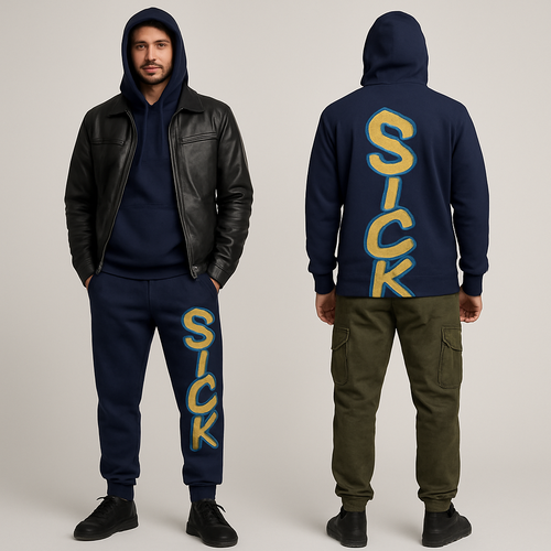 Male street wear with navy blue,gold and teal writing Sick label going down side of leg . Hoodie, joggers leather jacket,cargo pants
