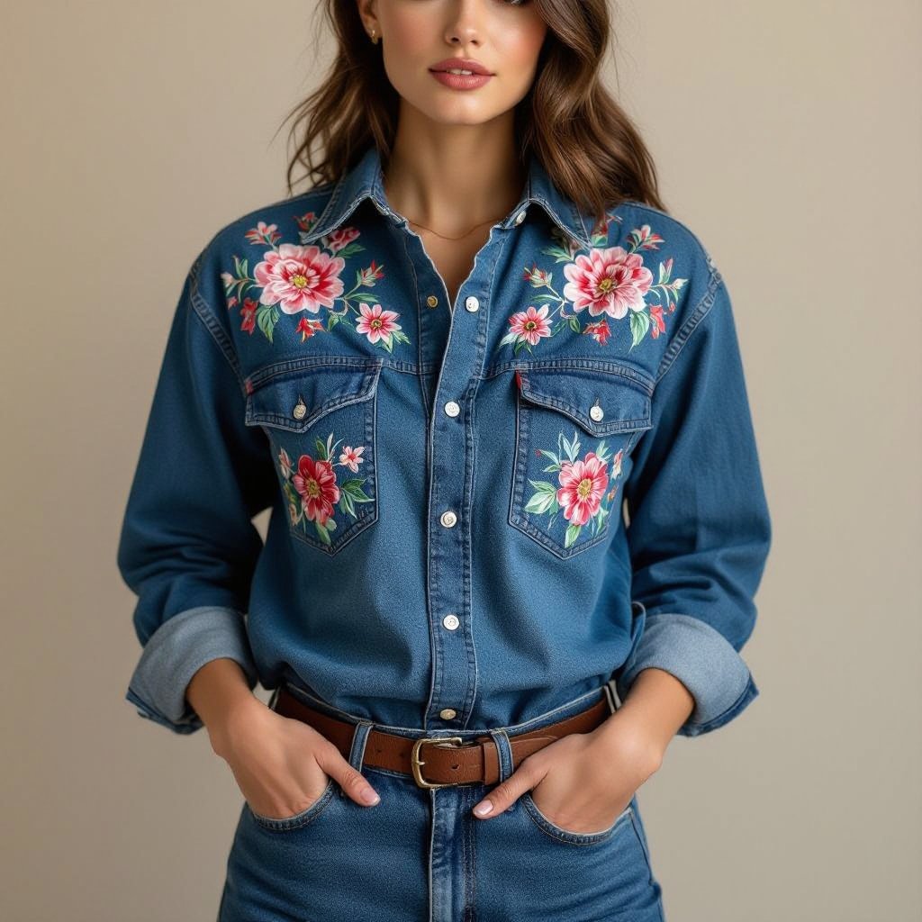 Flower prints in vintage denim shirt
Vintage fashion: Vintage denim shirt with flower prints, classic collar, button front, full sleeves.