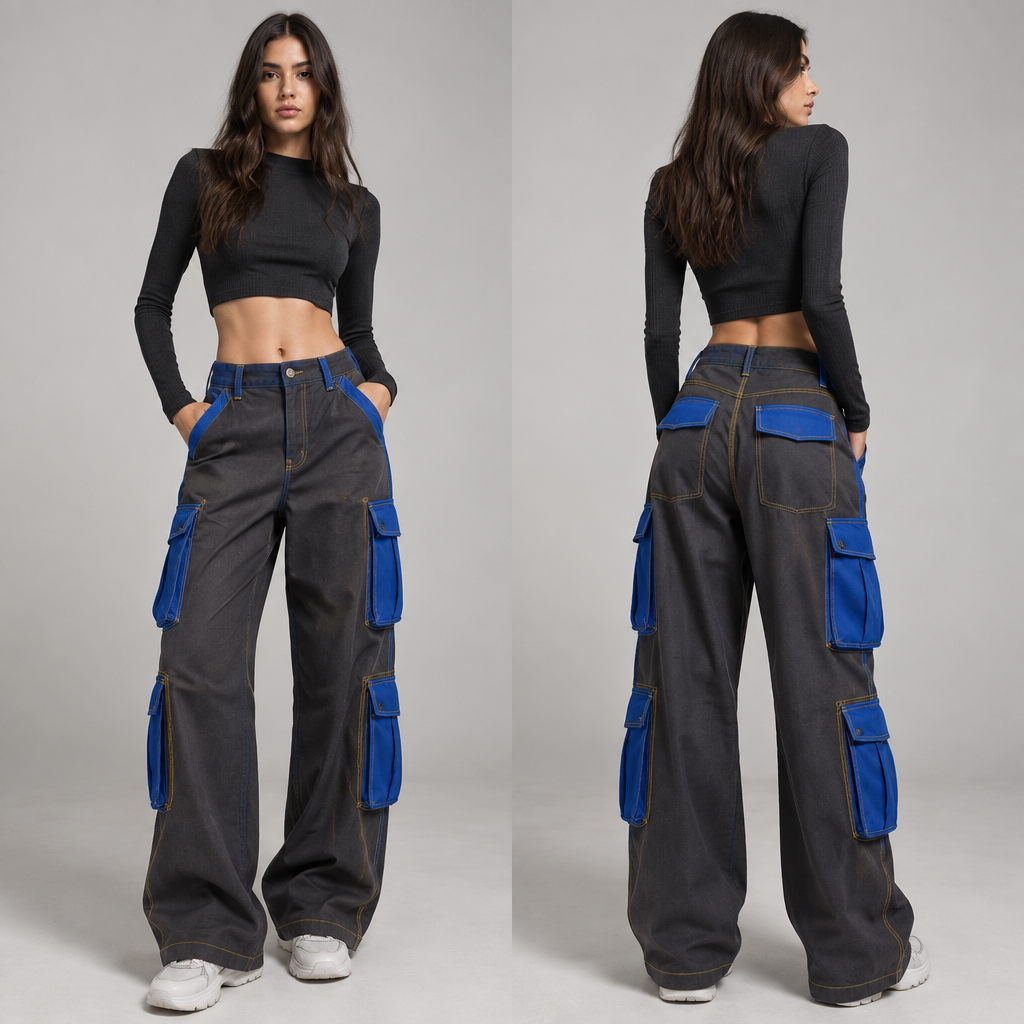 cargohose mit eng anliegenden Taschen und weitem Bein, Hose dunkel grau, alle Taschen Königsblau, nähte goldgelb. Germany fashion aesthetics. Present it as professional fashion catalogue photography: the garment is the subject, shown full-length with editorial styling, neutral posing and tasteful, non-suggestive framing.
photorealistic fashion design, cargohose mit eng anliegenden Taschen und weitem Bein, Hose dunkel grau, alle Taschen Königsblau, nähte goldgelb. Germany fashion aesthetics. Present it as professional fashion catalogue photography: the garment is the subject, shown full-length with editorial styling, neutral posing and tasteful, non-suggestive framing., just the design no text