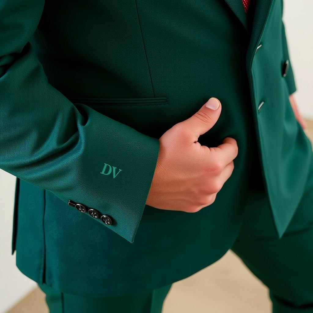 double breasted men church suit, with DV on the cuff of sleeve. The suit color can be forest green
Design a sharp double-breasted men’s church suit in rich forest green, exuding elegance and formality. Tailored to perfection, the suit features precise lapels and a refined silhouette. Highlight the intricate DV embroidery on the cuff, adding a touch of personalization. Complete the look with polished oxford shoes and a sophisticated tie.