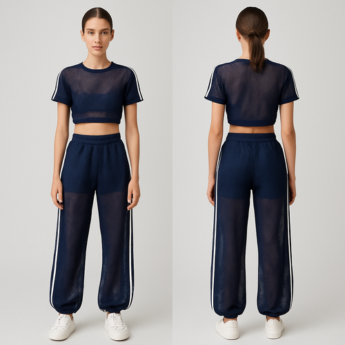 See through mesh cropped top in navy with 2 white stripes on both sides of the sleeves.
Mesh wide leg jogger in navy with about 5cm width thick see through long stripe on both sides.