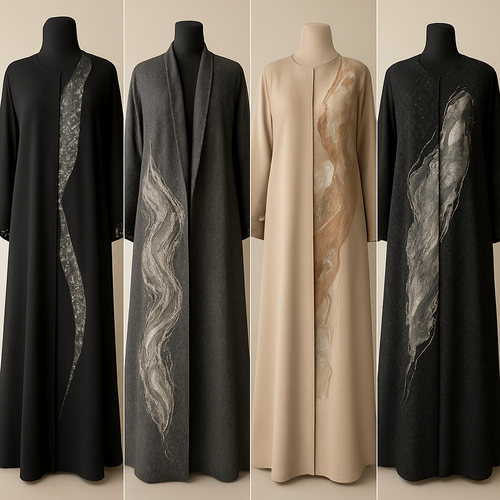 Create a modest abaya that's the first of its kind, featuring a unique stone design that exudes a classy and sophisticated vibe. I'd like four designs, each showcasing different styles and fabrics.
Incorporate high-end, unique chic stone designs to make them truly special. Add a little sophisticated stone work to it.