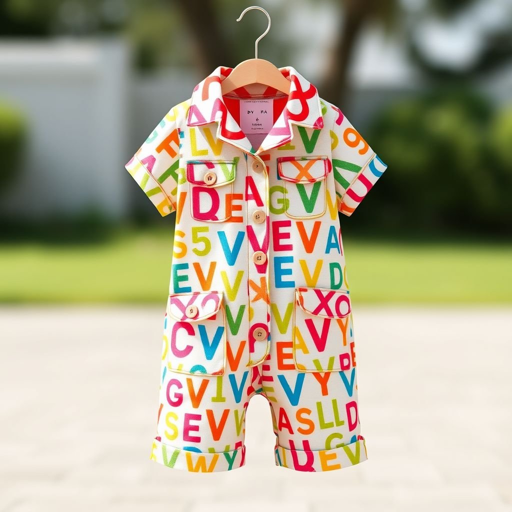 Toddler girl Letter Full Print One-Piece Outfit, Patchwork Lapel Button Pocket Short Sleeve Jumpsuit, Suitable For Casual Everyday Outdoor, Spring/Summer. With “DV” on it
Design a toddler girl's casual one-piece outfit featuring a vibrant letter full print, perfect for playful activities. Emphasize a patchwork lapel and oversized button pockets for added charm. The short sleeves allow for breathability, while the "DV" motif adds a trendy touch. Ideal for sunny spring and summer adventures outdoors!