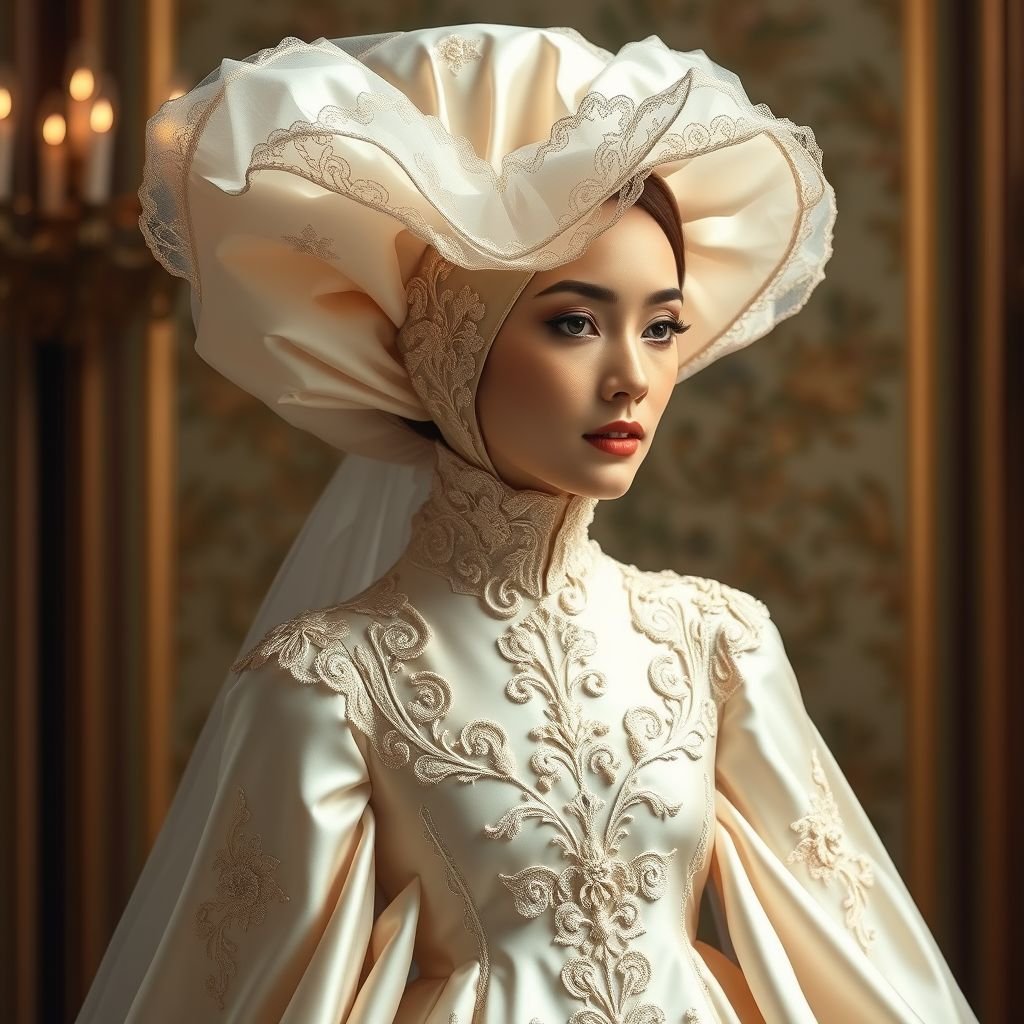 Silk wedding dress for couture with turtle neck finish, an extravagant cap
Design an opulent vintage-inspired silk wedding dress that exudes timeless elegance. Incorporate a high turtle neck adorned with delicate lace detailing, and feature a luxurious, voluminous cap that flows gracefully. Enhance the silhouette with intricate embroidery and soft pastel hues, capturing the essence of classic couture while celebrating romantic vintage aesthetics.