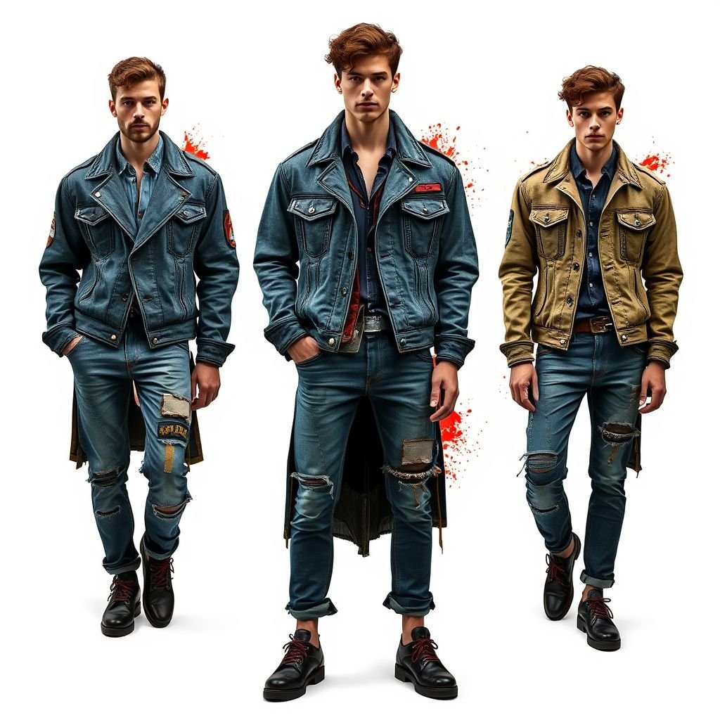 Denim for men
Imagine a high-fashion denim collection for men blending rugged utility with urban sophistication. Featuring oversized denim jackets adorned with asymmetrical zippers, tailored cropped jeans with intricate patchwork, and layered denim shirts with contrasting textures. Accented with bold color splashes and eco-friendly materials, this line redefines casual style with a modern edge.