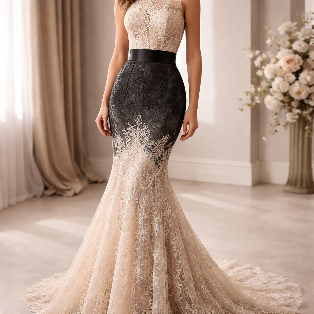 Create for me a beige lace dress sleeveless the waist part is black satin from the hips, down, it’s beige lace till the knees then flair’s out to the ground.
Create for me a beige lace dress sleeveless the waist part is black satin from the hips, down, it’s beige lace till the knees then flair’s out to the ground.