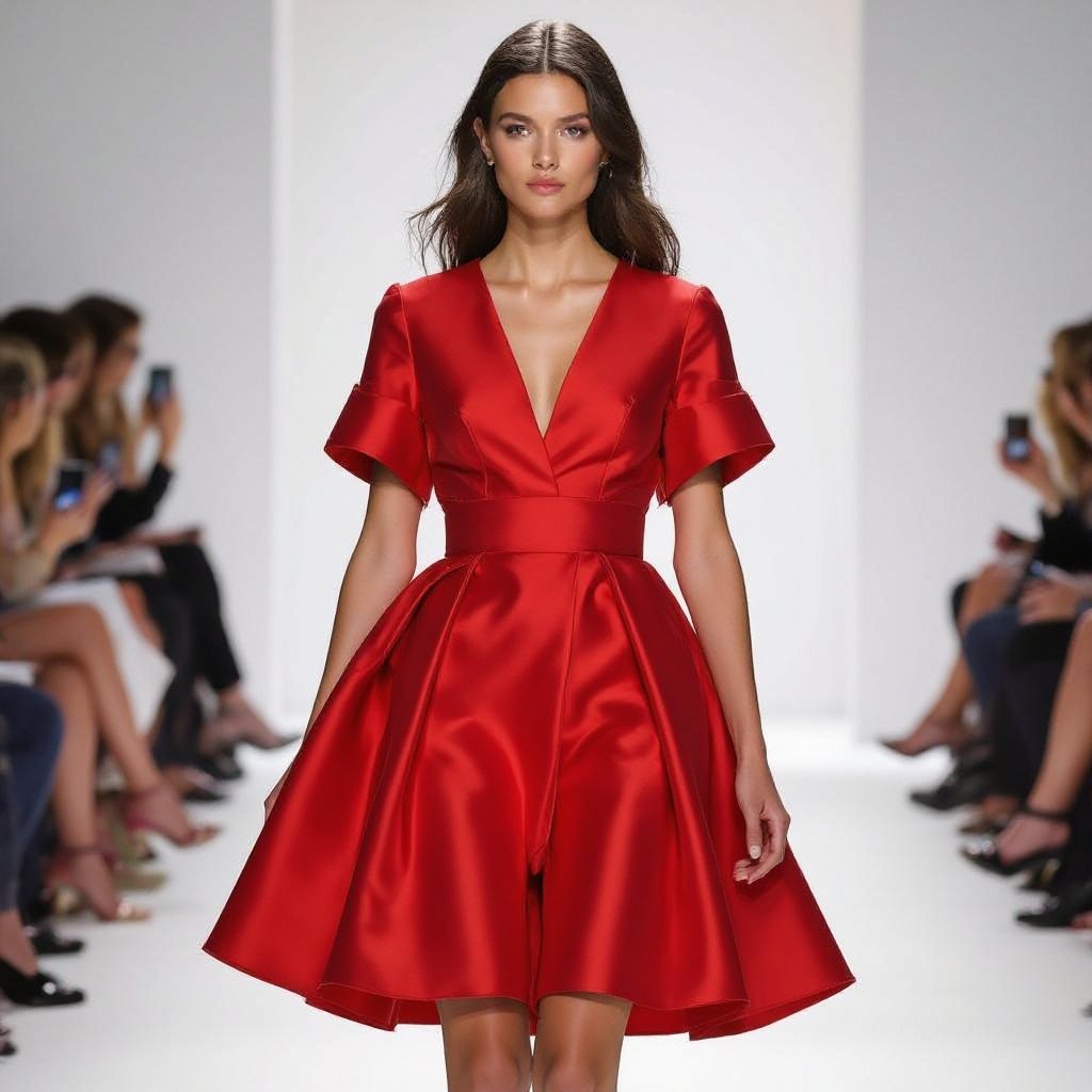 Generate a red dress
Generate a red silk dress, A-line cut, with a V-neckline and short sleeves.