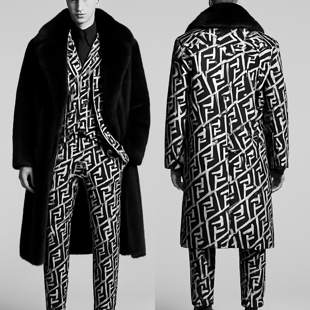 Men’s high fashion, sportswear, three-piece suit and overcoat, black and white Fendi Avangard with black mink fur
Men’s high fashion, sportswear, three-piece suit and overcoat, black and white Fendi Avangard with black mink fur, techwear style, show front and back