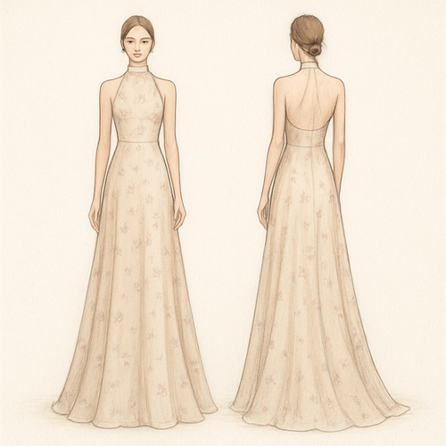 A long evening gown with a high neckline, fitted at the top and gently flared from the hips. Made of a soft, flowy fabric with delicate small floral details.
