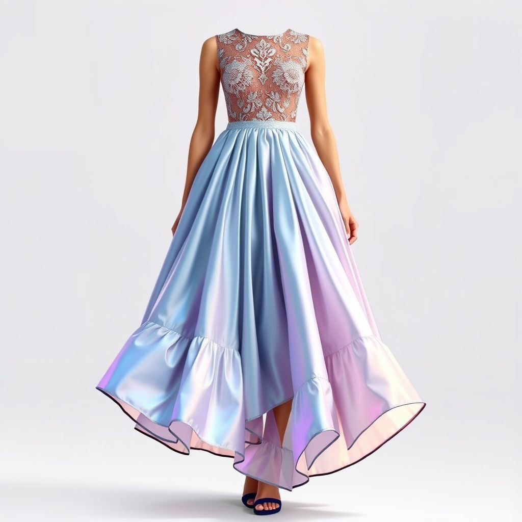 Skirt. midi skirt has a fitted upper section that flares into a gathered flounce, and movement at the bottom.
Design a chic, midi skirt featuring a fitted bodice adorned with intricate lace detailing. The skirt flares dramatically into a voluminous, gathered flounce, made from iridescent taffeta that glimmers with every step. Incorporate asymmetrical hemline and bold botanical prints, evoking a sense of whimsical elegance perfect for day-to-night transitions.