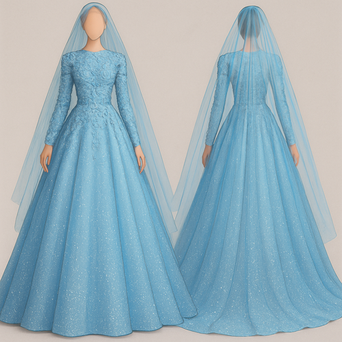 Long princess dress with long sleeves and long veil in sky blue color. The top is cover with 3D floral. The songket is fully with shining beads.