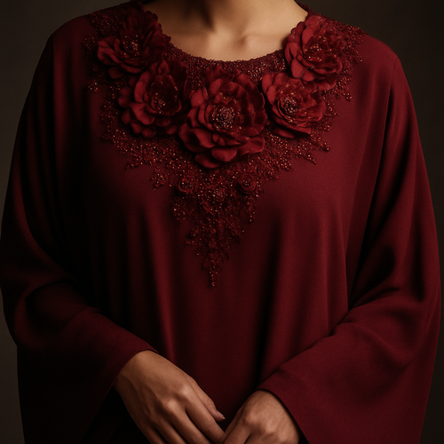 The Ruby Flora Majesty Abaya
Tone: Deep dark ruby
Design:
Large layered 3D ruby florals arranged around the neckline like a luxury necklace.
Embellishment:
Red glass stones and micro-beads giving a regal shine.
Vibe: Soft royalty + deep sensual luxury.