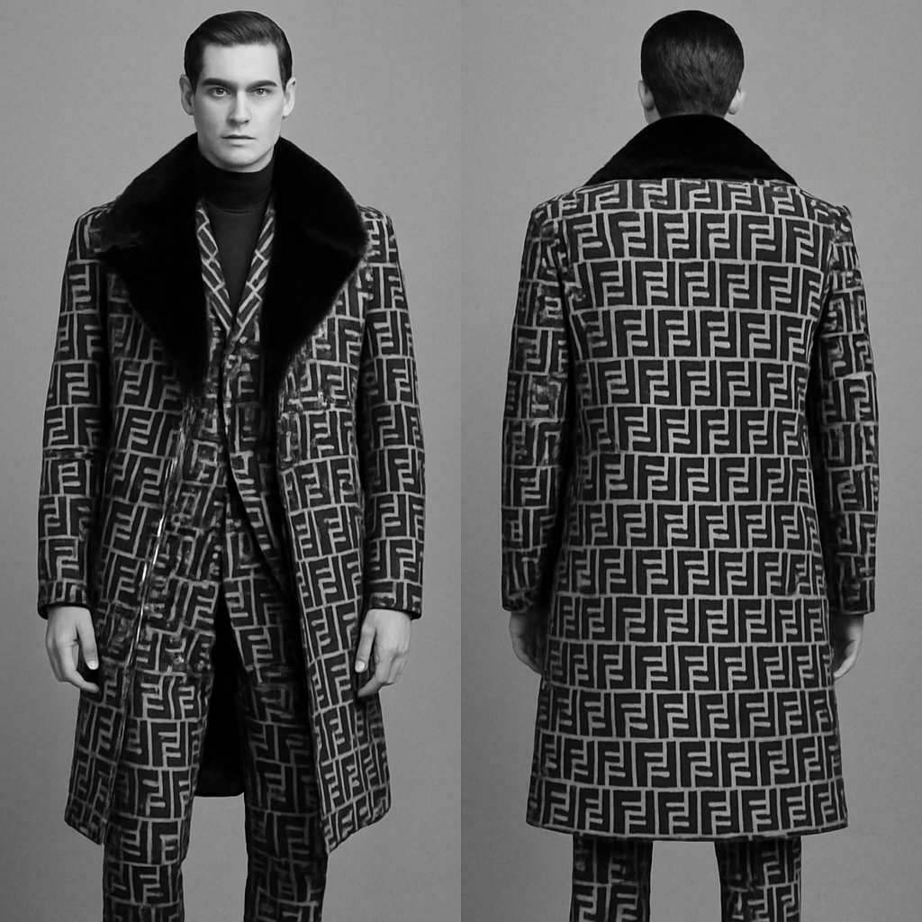 Men’s high fashion, sportswear, three-piece suit and overcoat, black and white Fendi Avangard with black mink fur
Men’s high fashion, sportswear, three-piece suit and overcoat, black and white Fendi Avangard with black mink fur, vintage style, show front and back