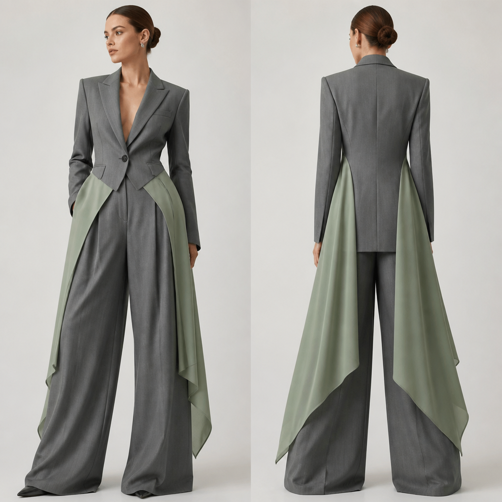 Create a formal suit for women in elegant gray fabric, bottoms is a super wide leg pants with quarter gown not too flowing on both sides in sage color, showing the pants
photorealistic fashion design, Create a formal suit for women in elegant gray fabric, bottoms is a super wide leg pants with quarter gown not too flowing on both sides in sage color, showing the pants
, streetwear style, just the design no text