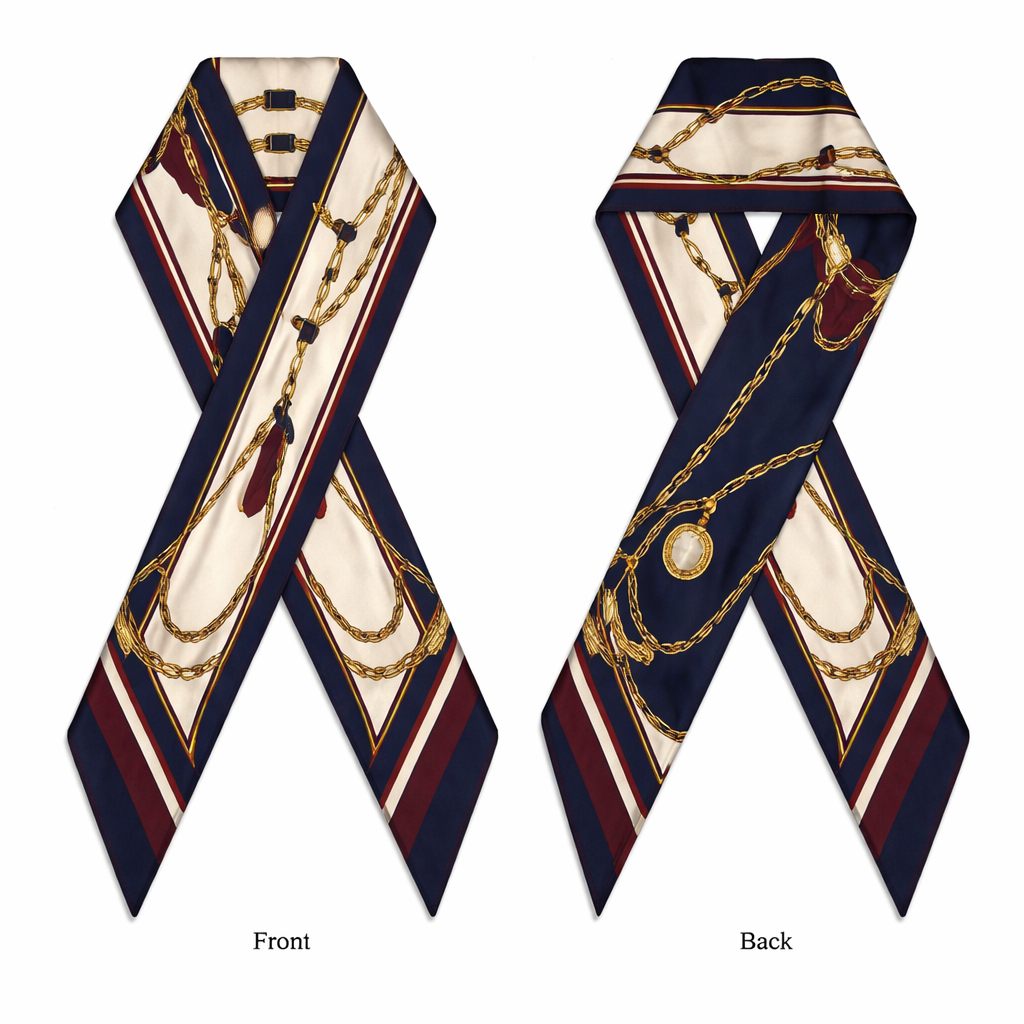 Design a scarf that is 5x86cm to be wrapped around the handle of a handbag for a lifestyle piece. Something Blair Waldorf would wear no bows
Design a scarf that is 5x86cm to be wrapped around the handle of a handbag for a lifestyle piece. Something Blair Waldorf would wear no bows, classic style, show front and back