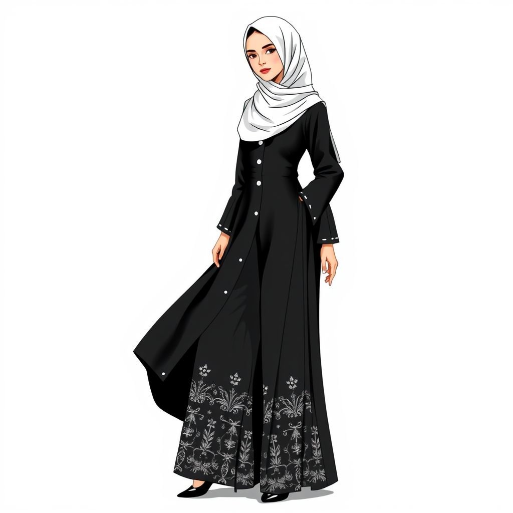 Abaya that is black and white trouser with flowy hijab
Design a classic abaya featuring a sophisticated black and white color palette. The main body is a sleek black silhouette, elegantly tailored with subtle white embellishments. Pair it with wide-leg trousers that boast delicate, monochrome patterns. The flowy hijab drapes gracefully, adding an air of timeless elegance to this refined ensemble.