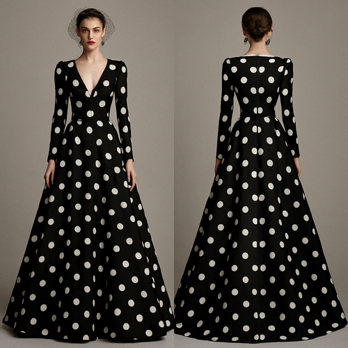 A polka dots black and white super elegant and unique something like christian dior style . 