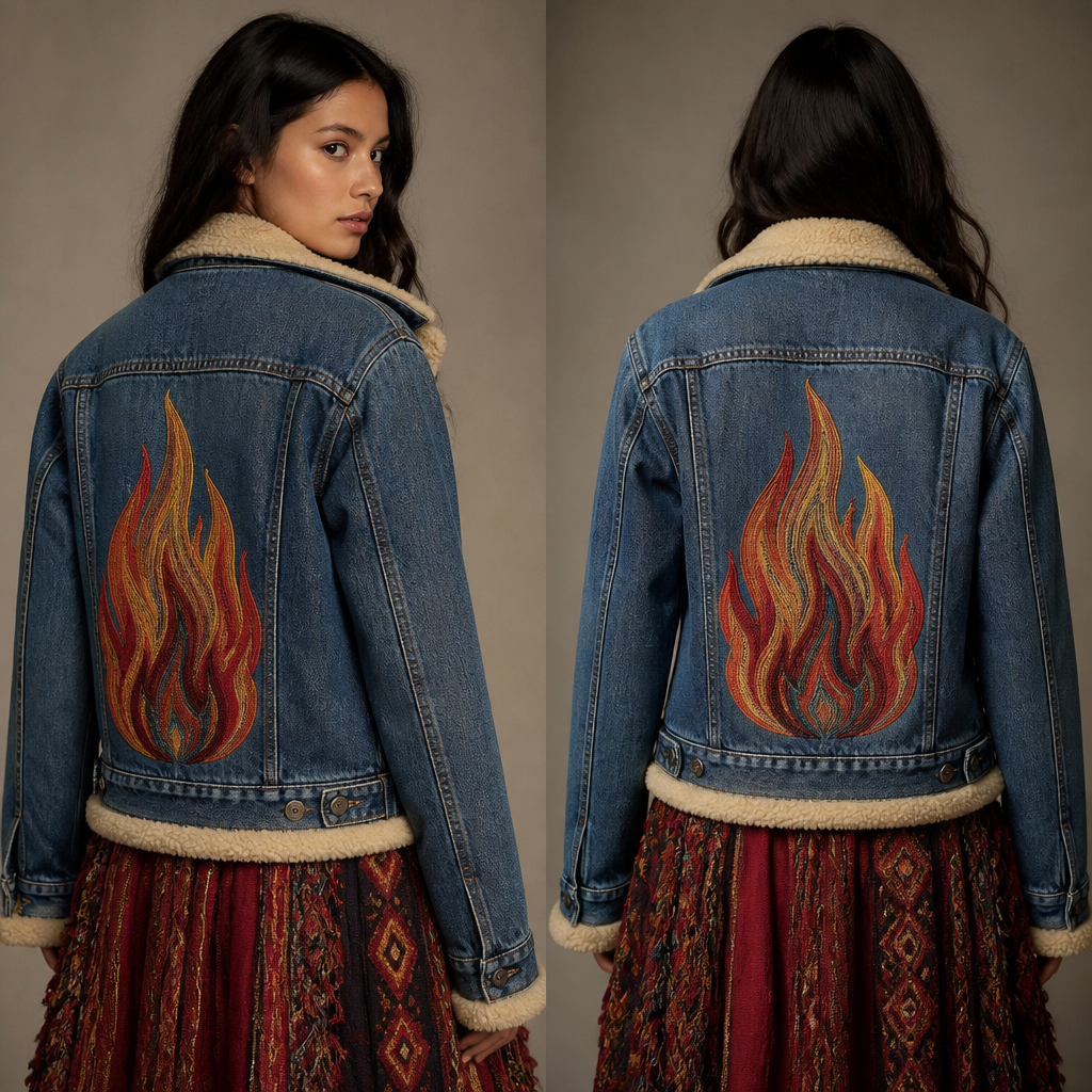 A Female Dress design, suitable for Winter. casaca de jean con un bordado atrás de una llama. Peru fashion aesthetics.
photorealistic fashion design, A Female Dress design, suitable for Winter. casaca de jean con un bordado atrás de una llama. Peru fashion aesthetics., just the design no text