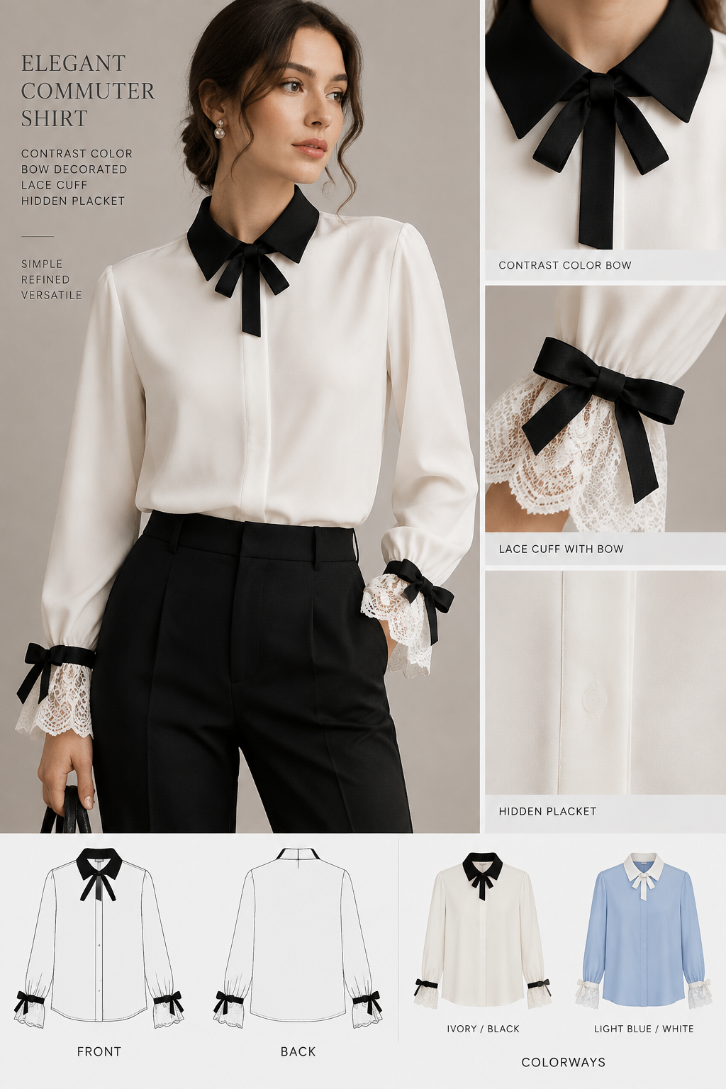 Women's Elegant Commuter Contrast Color Bow Decorated Lace Cuff Hidden Placket Shirt
Women's Elegant Commuter Contrast Color Bow Decorated Lace Cuff Hidden Placket Shirt