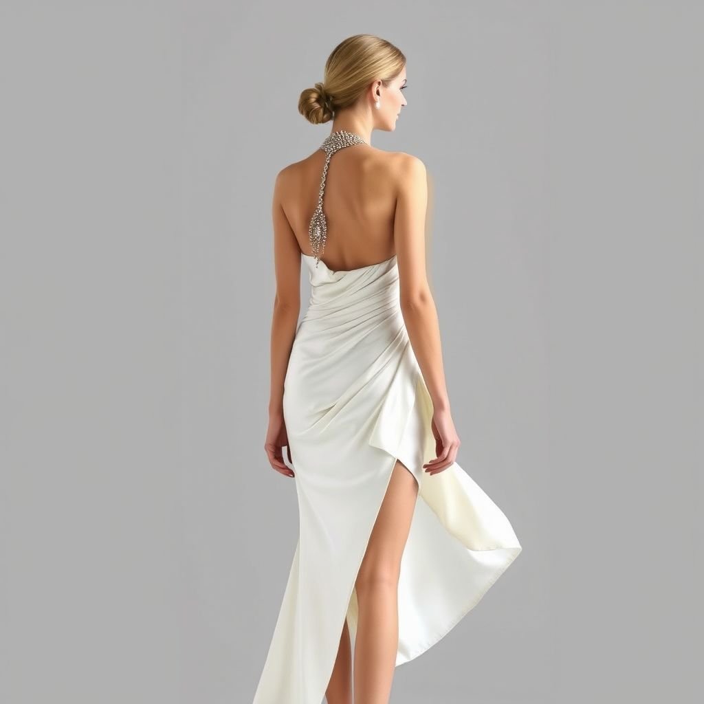 Create a asymmetrical white silk halter dress that is short in the front and slightly longer in the back
Design a stunning asymmetrical white silk halter dress, embodying sheer glamour. The front features a chic mini silhouette, elegantly juxtaposed with a flowing, ankle-grazing back. Adorn the neckline with delicate crystal embellishments and a subtle train that catches the light, perfect for a lavish evening soirée, exuding sophistication and allure.