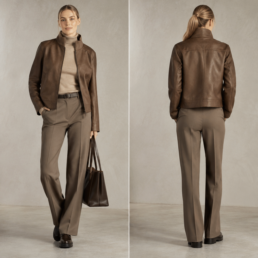A Female Jacket design, with a sleek, smooth finish, with a Relaxed silhouette, in an Earth Tones color palette, for Casual, suitable for Fall, suited to a Cold climate, in Business + Sporty style, shown on a model with light skin and an athletic build. кожаная куртка Present it as professional fashion catalogue photography: the garment is the subject, shown full-length with editorial styling, neutral posing and tasteful, non-suggestive framing.
photorealistic fashion design, A Female Jacket design, with a sleek, smooth finish, with a Relaxed silhouette, in an Earth Tones color palette, for Casual, suitable for Fall, suited to a Cold climate, in Business + Sporty style, shown on a model with light skin and an athletic build. кожаная куртка Present it as professional fashion catalogue photography: the garment is the subject, shown full-length with editorial styling, neutral posing and tasteful, non-suggestive framing., business style, just the design no text, show front and back