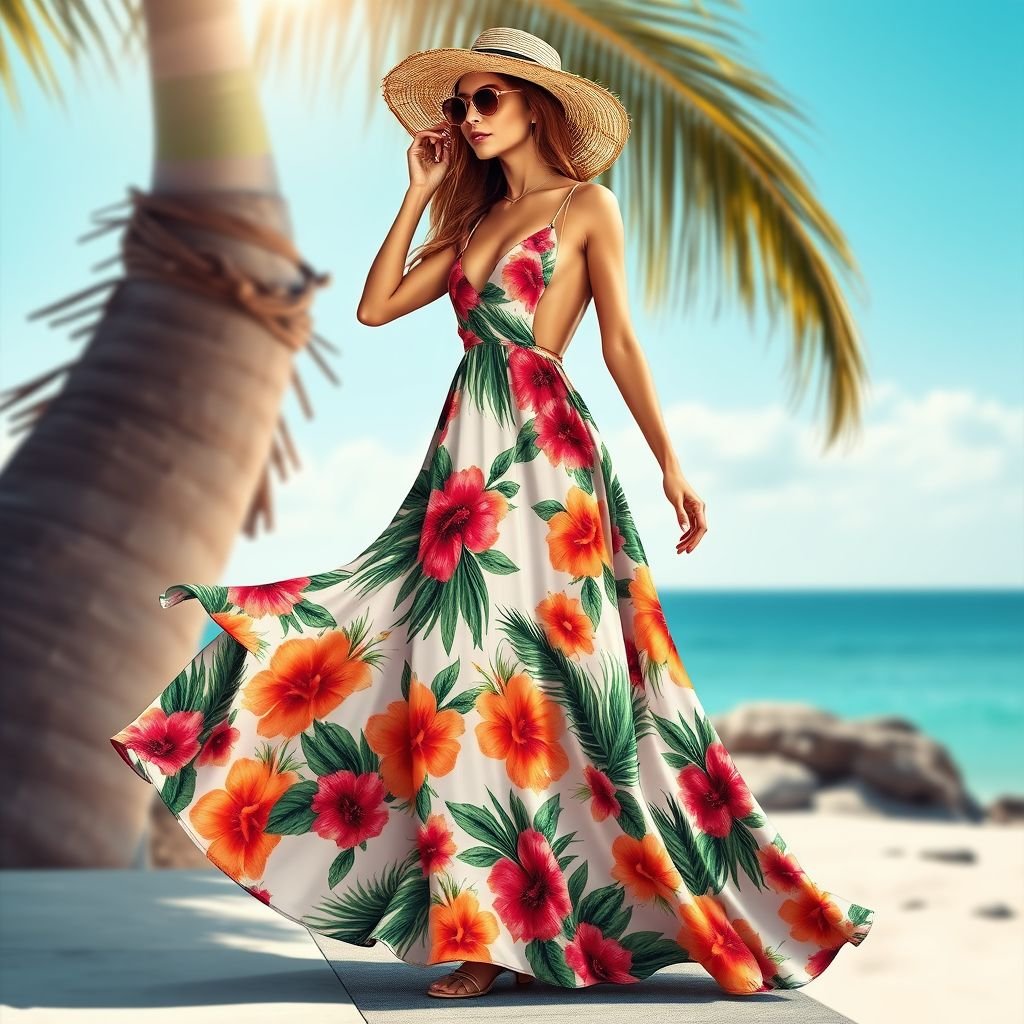 Looks cheap. Zoom out so i can see the whole dress
Envision a luxurious resort fashion piece: a flowy, silk maxi dress adorned with vibrant tropical prints. The dress features a plunging neckline and an open back, perfect for seaside soirées. A flowing train catches the ocean breeze, while delicate spaghetti straps add elegance. Complete the look with oversized sunglasses and a wide-brimmed hat.