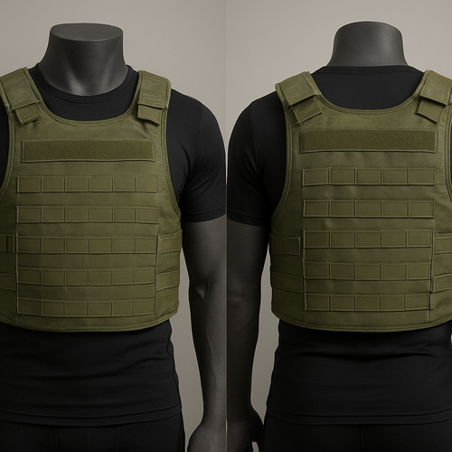 All black base short sleeve compression rash guard. Military bulley proof vest design on front and back 

Might vest should be military green, with detail to look authentic 