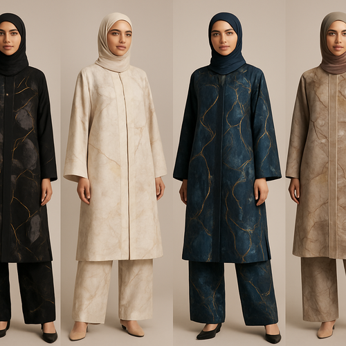 Create a modest abaya and loose pant, first of its kind, featuring a unique stone design that exudes a classy and sophisticated vibe. I'd like four designs, each showcasing different styles and fabrics. Incorporate high-end, unique chic stone designs to make them truly special. Add little sophisticated stone designs. Make it irresistible with designs that stands out.