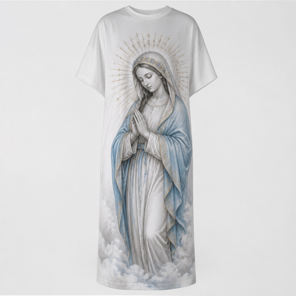 T-shirt
Dress inspired by Virgin Mary. HR fashion aesthetics.
photorealistic fashion design, T-shirt
Dress inspired by Virgin Mary. HR fashion aesthetics., just the design no text