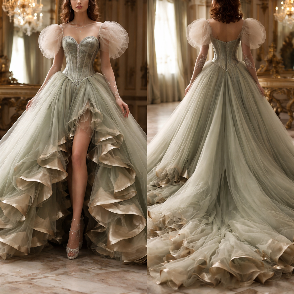 This dress looks like it was designed by someone who understands both ballet and warfare. It’s soft, romantic, airy — and then it absolutely dominates the space .
The bodice is structured and architectural. It’s a corset silhouette with defined cup seams, almost vintage lingerie-inspired but elevated. The color shifts between muted sage green and a silvery pistachio depending on the light. The boning lines are visible — not harsh, but deliberate — giving it that disciplined, cinched waist energy. Along the neckline there’s a delicate trim, subtle, possibly beaded or finely stitched, giving it a whisper of ornamentation rather than loud sparkle.
The sleeves are barely sleeves — more like soft explosions of blush-toned tulle perched on the shoulders. They puff outward in airy clouds, translucent and weightless, like someone froze a sigh mid-air. They contrast beautifully with the structured bodice: discipline meeting softness.
Then the skirt. The skirt is where things become theatrical.
It cascades in layers of sage green tulle, but it’s not a simple layered ball gown. The underskirt erupts into massive, spiraling ruffles edged in a champagne-blush satin. These ruffles curl and fold like ocean waves caught in slow motion. They are dramatic and sculptural, not floppy — they hold shape, they command attention. The champagne edging catches the light differently than the matte sage tulle, creating this constant interplay between sheen and softness.
The front of the skirt lifts slightly to reveal the architectural ruffle work beneath — almost like a theatrical curtain being pulled back. The back extends into a subtle train, not aggressively long, but enough to feel ceremonial. The hemline ripples. Every edge seems intentionally finished, nothing raw, nothing accidental.
On the arms, there are what appear to be pearl or bead-embellished gloves or arm sleeves. They’re translucent and studded, like someone dipped mesh in constellations. That detail pushes it from “romantic ball gown” into something editorial — almost couture fantasy.
Color-wise, the palette is restrained but emotionally rich: muted sage green, dusty blush, champagne satin. No harsh contrast. Everything feels aged slightly, like it belongs in a grand old European opera house or in a painting where the varnish has mellowed over time.
The overall silhouette is exaggerated hourglass at the top and then pure drama below. It’s not modern minimalist. It’s not bridal in a traditional sense. It feels like a cross between Marie Antoinette, a forest nymph, and a high-fashion runway piece that costs more than a house. This is not a dress you wear casually. This is a dress you arrive in. It suggests chandeliers, marble floors, orchestral swells, and people turning their heads before they even realize why.
It’s romantic but not sweet. Soft but not weak. A gown that understands drama without screaming for it.
This dress looks like it was designed by someone who understands both ballet and warfare. It’s soft, romantic, airy — and then it absolutely dominates the space .
The bodice is structured and architectural. It’s a corset silhouette with defined cup seams, almost vintage lingerie-inspired but elevated. The color shifts between muted sage green and a silvery pistachio depending on the light. The boning lines are visible — not harsh, but deliberate — giving it that disciplined, cinched waist energy. Along the neckline there’s a delicate trim, subtle, possibly beaded or finely stitched, giving it a whisper of ornamentation rather than loud sparkle.
The sleeves are barely sleeves — more like soft explosions of blush-toned tulle perched on the shoulders. They puff outward in airy clouds, translucent and weightless, like someone froze a sigh mid-air. They contrast beautifully with the structured bodice: discipline meeting softness.
Then the skirt. The skirt is where things become theatrical.
It cascades in layers of sage green tulle, but it’s not a simple layered ball gown. The underskirt erupts into massive, spiraling ruffles edged in a champagne-blush satin. These ruffles curl and fold like ocean waves caught in slow motion. They are dramatic and sculptural, not floppy — they hold shape, they command attention. The champagne edging catches the light differently than the matte sage tulle, creating this constant interplay between sheen and softness.
The front of the skirt lifts slightly to reveal the architectural ruffle work beneath — almost like a theatrical curtain being pulled back. The back extends into a subtle train, not aggressively long, but enough to feel ceremonial. The hemline ripples. Every edge seems intentionally finished, nothing raw, nothing accidental.
On the arms, there are what appear to be pearl or bead-embellished gloves or arm sleeves. They’re translucent and studded, like someone dipped mesh in constellations. That detail pushes it from “romantic ball gown” into something editorial — almost couture fantasy.
Color-wise, the palette is restrained but emotionally rich: muted sage green, dusty blush, champagne satin. No harsh contrast. Everything feels aged slightly, like it belongs in a grand old European opera house or in a painting where the varnish has mellowed over time.
The overall silhouette is exaggerated hourglass at the top and then pure drama below. It’s not modern minimalist. It’s not bridal in a traditional sense. It feels like a cross between Marie Antoinette, a forest nymph, and a high-fashion runway piece that costs more than a house. This is not a dress you wear casually. This is a dress you arrive in. It suggests chandeliers, marble floors, orchestral swells, and people turning their heads before they even realize why.
It’s romantic but not sweet. Soft but not weak. A gown that understands drama without screaming for it., balletcore style, show front and back